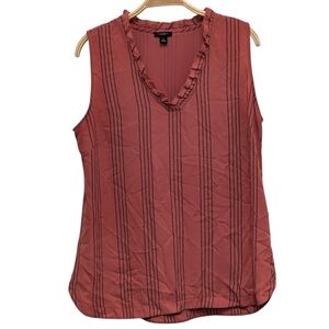 Ann Taylor Factory Orange Navy Blue Ruffle V Neck Striped Blouse Medium